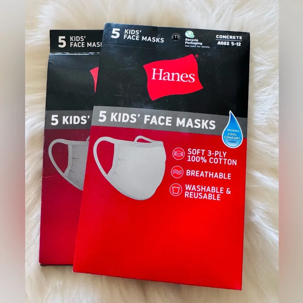 Hanes Cotton Kids' Face Masks - Soft Gray-2 packs of 5 NIB